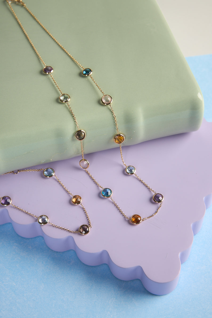 14 Karat Yellow Gold Multi-Gemstone Station Necklace