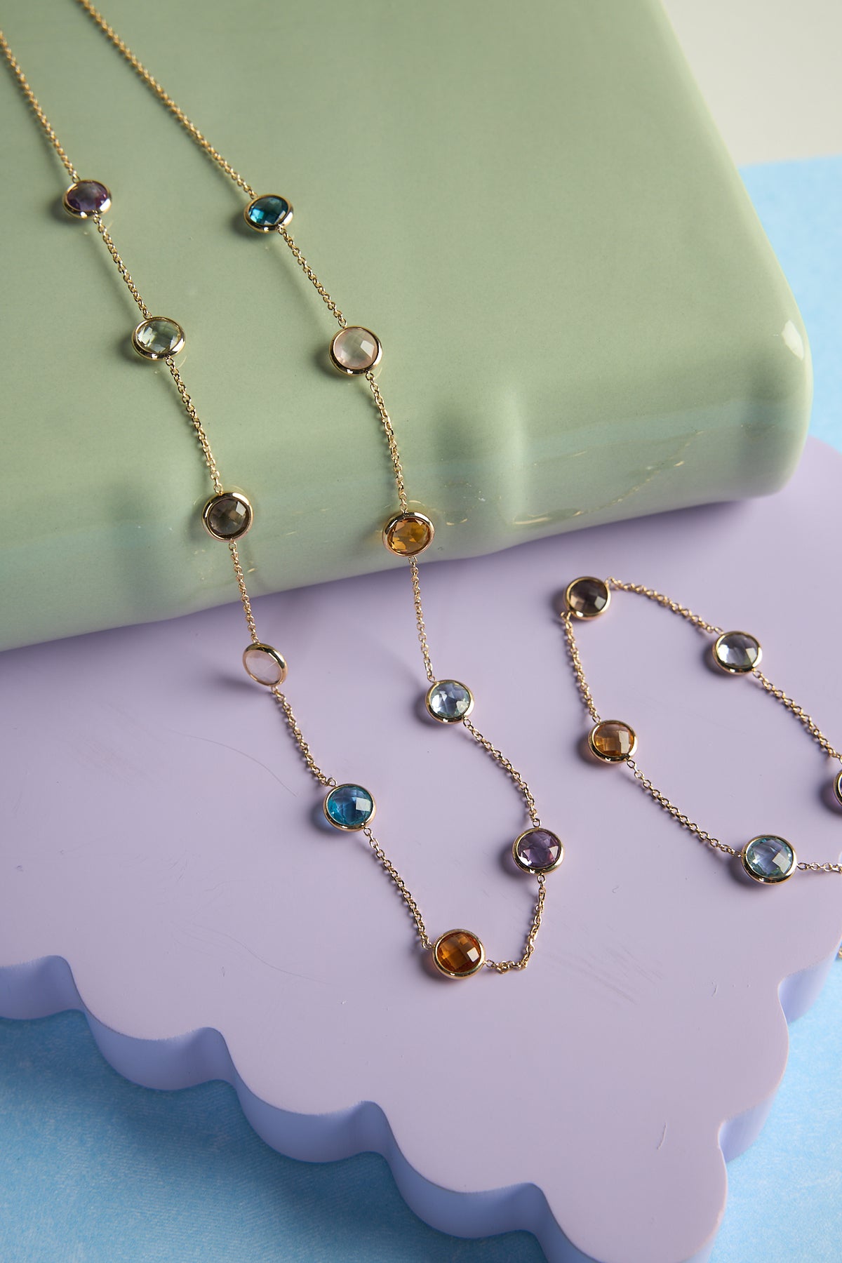 14 Karat Yellow Gold Multi-Gemstone Station Necklace