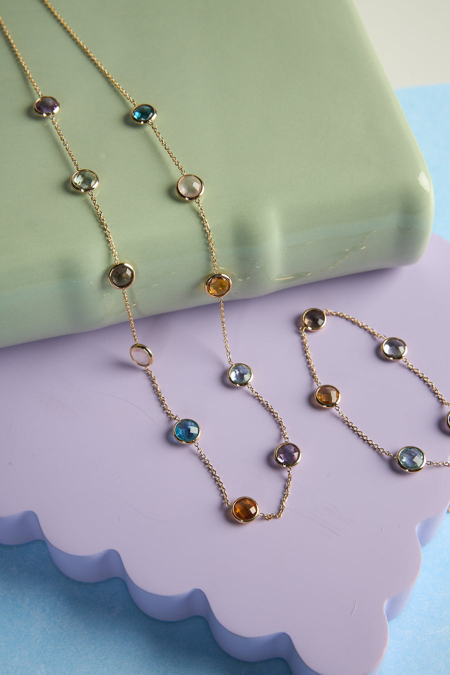 14 Karat Yellow Gold Multi-Gemstone Station Necklace