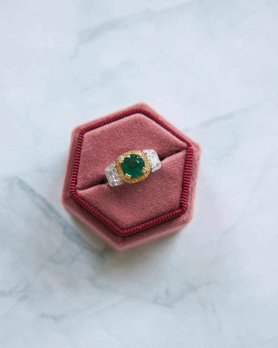 18 Karat White Gold Emerald, Fancy Yellow, and White Diamond Ring