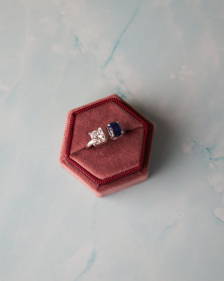 Platinum Toi et Moi Ring with 2.22ct Oval Sapphire and 1.50ct Princess Cut Diamond