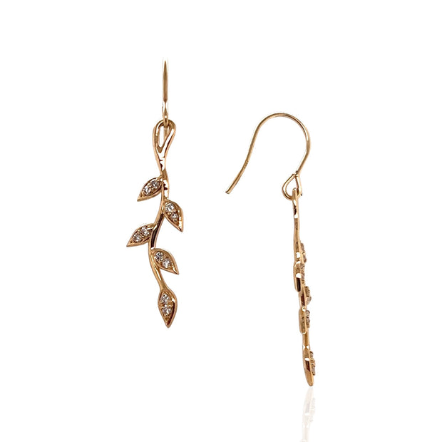 14 Karat Yellow Gold and Diamond Leaf Dangle Earrings