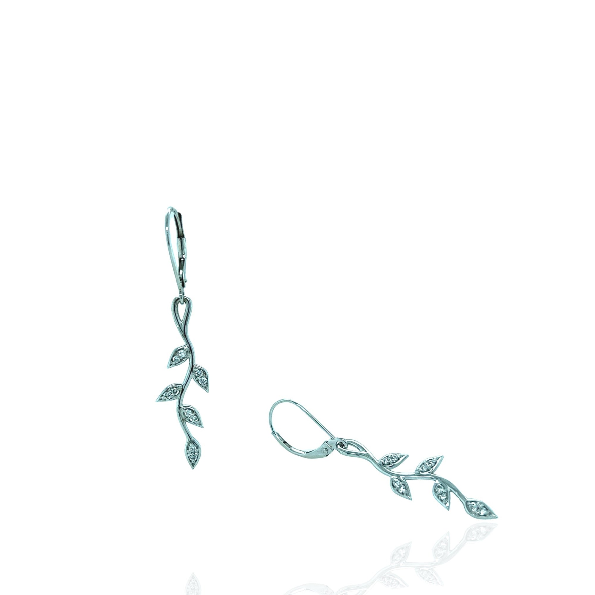 14 Karat White Gold and Diamond Leaf Dangle Earrings