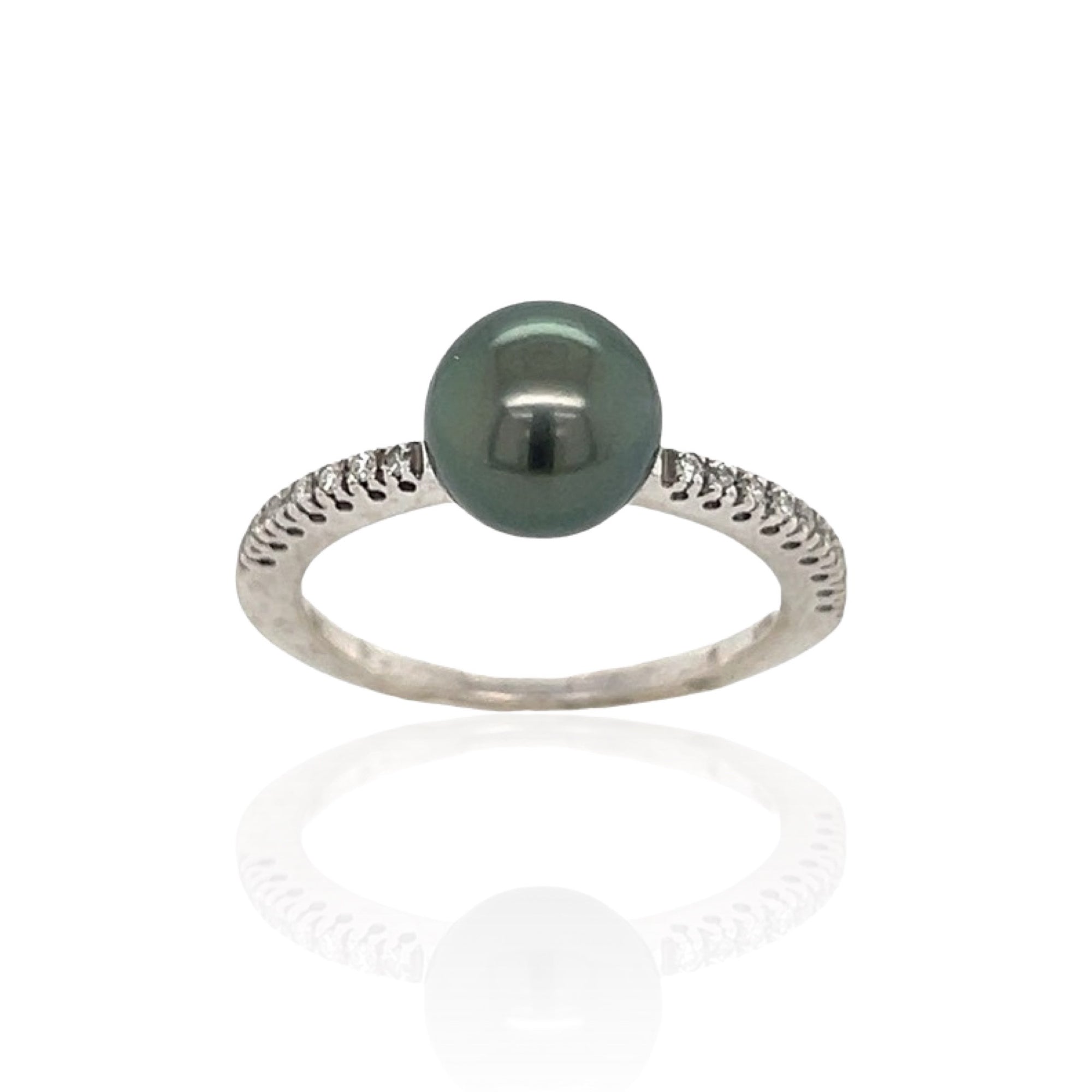 14 Karat White Gold Black Tahitian Pearl and Diamond Ring