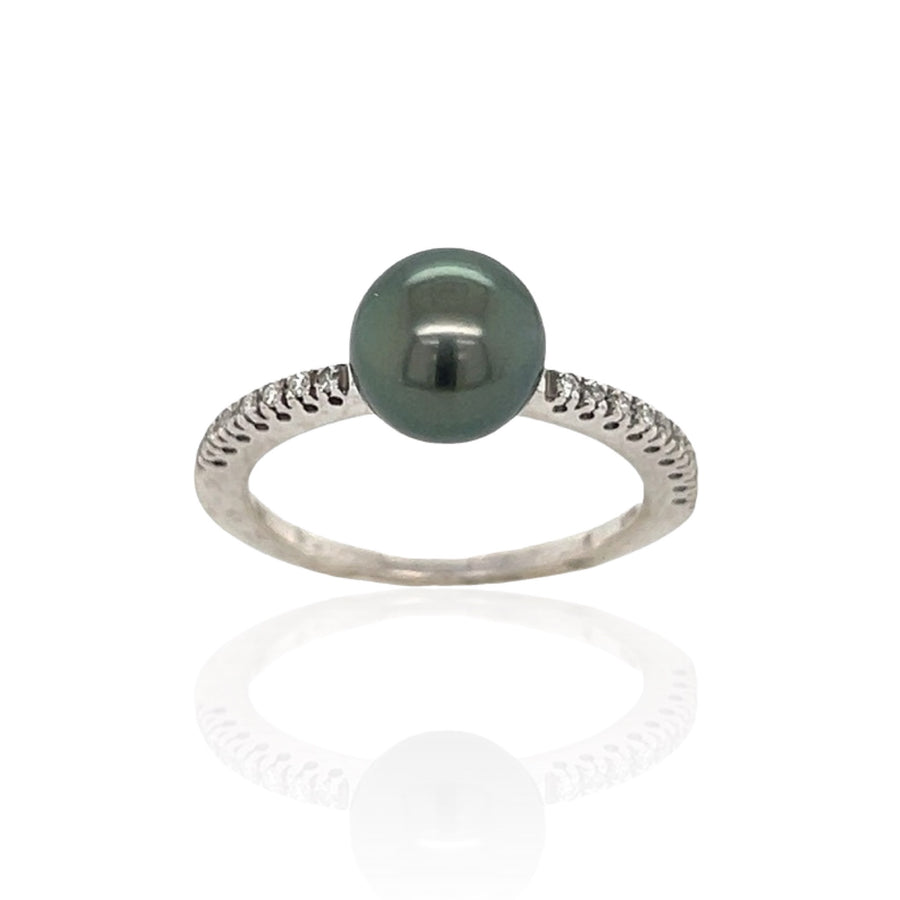 14 Karat White Gold Black Tahitian Pearl and Diamond Ring