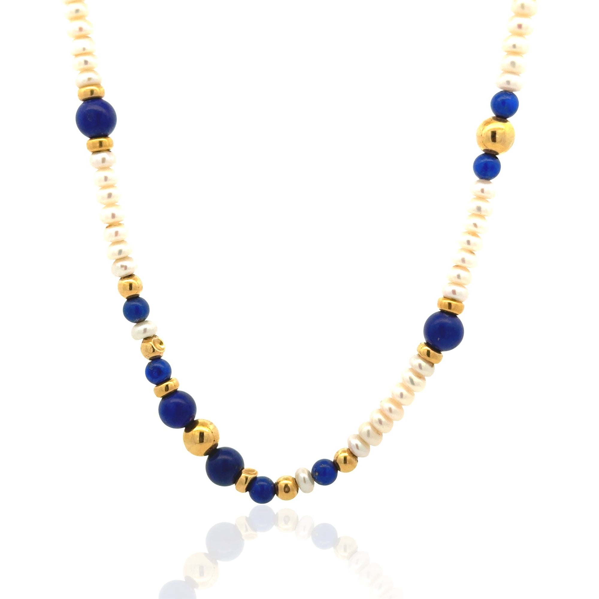 18 Karat Yellow Gold Pearl and Lapis Lazuli Necklace