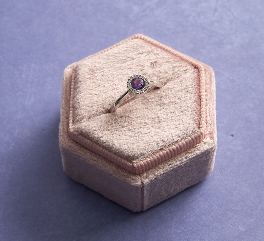 Amethyst & Diamond Halo Ring in 14K White Gold