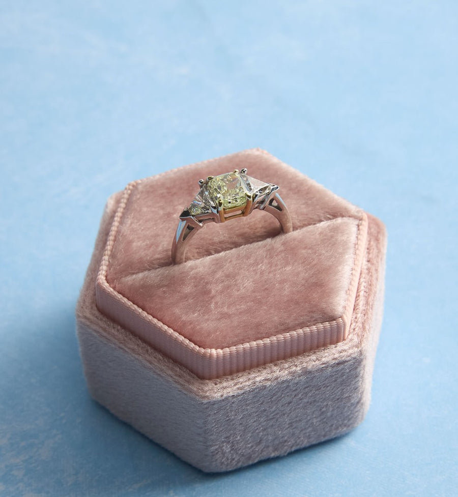 18 Karat White Gold Fancy Yellow and White Diamond Ring