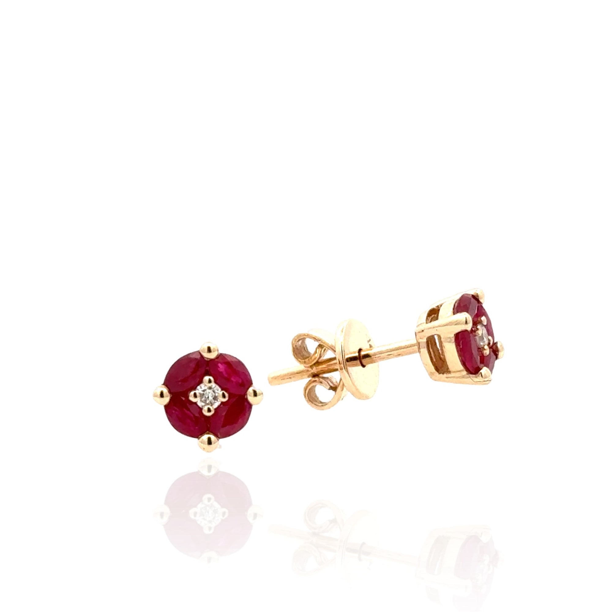 14K White Gold Ruby & Diamond Floral Stud Earrings