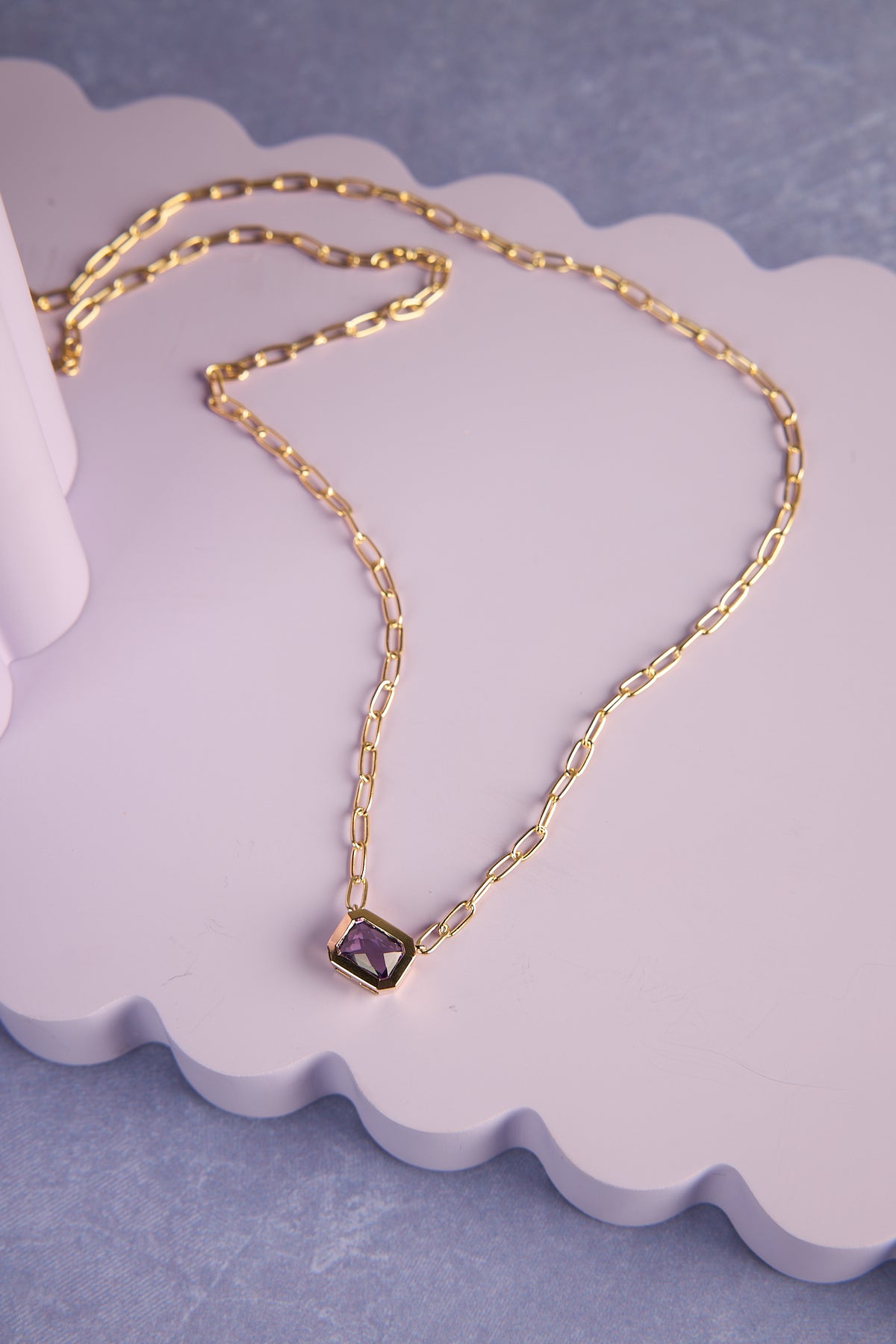 14 Karat Yellow Gold Amethyst Paperclip Necklace