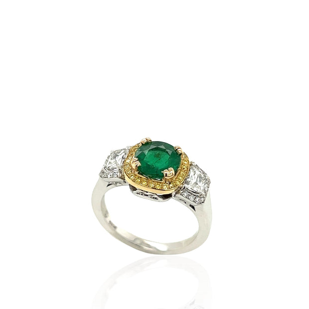 18 Karat White Gold Emerald, Fancy Yellow, and White Diamond Ring