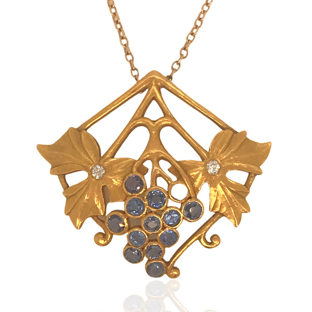 14 Karat Yellow Gold and Sapphire Art Nouveau Grape Pendant