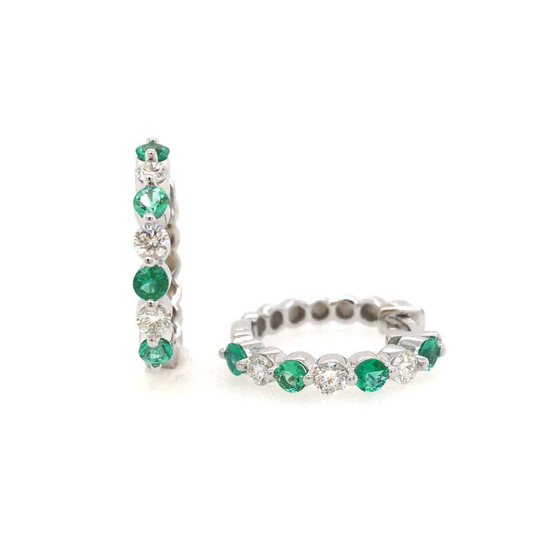 14 Karat White Gold Emerald and Diamond Hoop Earrings