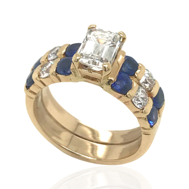 14 Karat Yellow Gold Emerald Cut Diamond and Sapphire Ring