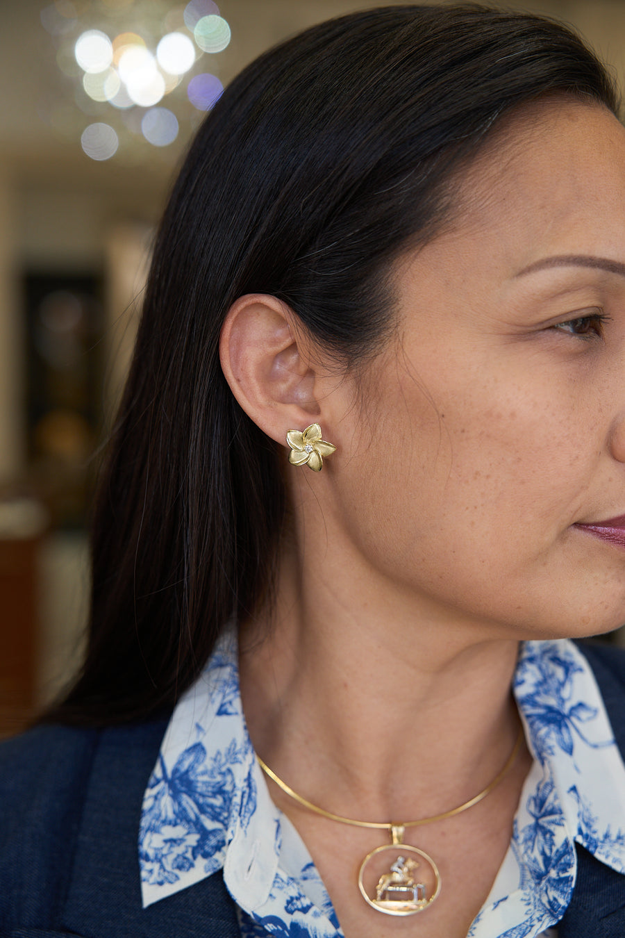 14K Green Gold Five-Petal Flower Earrings with Diamond Centers