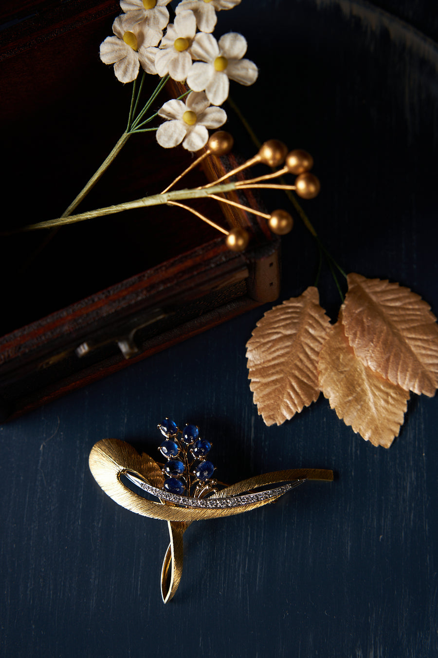 18 Karat Yellow Gold Floral Sapphire Brooch