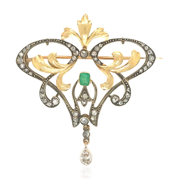 14 Karat White Gold Diamond and Emerald Art Nouveau Brooch