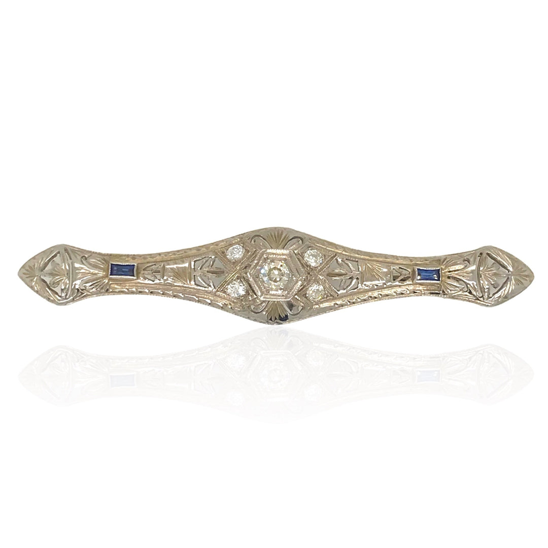 14 Karat Art Deco Hand-Engraved Diamond and Sapphire Brooch