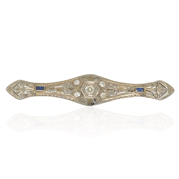 14 Karat Art Deco Hand-Engraved Diamond and Sapphire Brooch