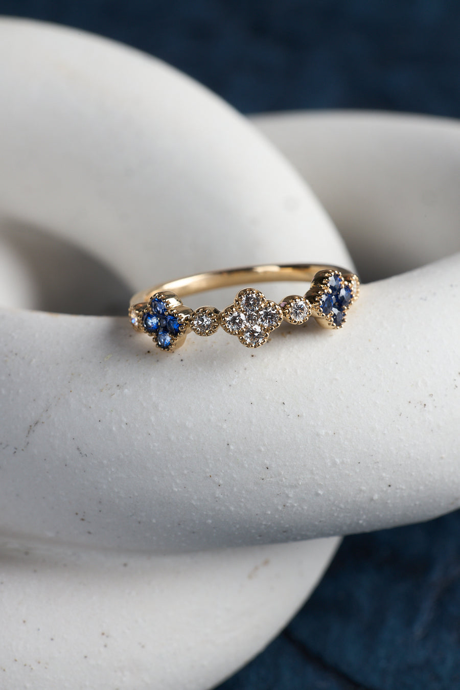 14 Karat Yellow Gold Sapphire and Diamond Clover Ring