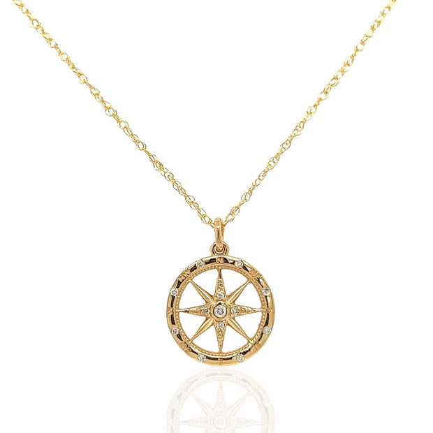 14 Karat Yellow Gold Diamond Compass Necklace