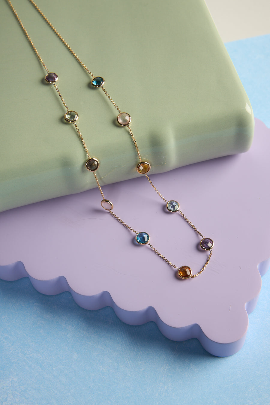 14 Karat Yellow Gold Multi-Gemstone Station Necklace