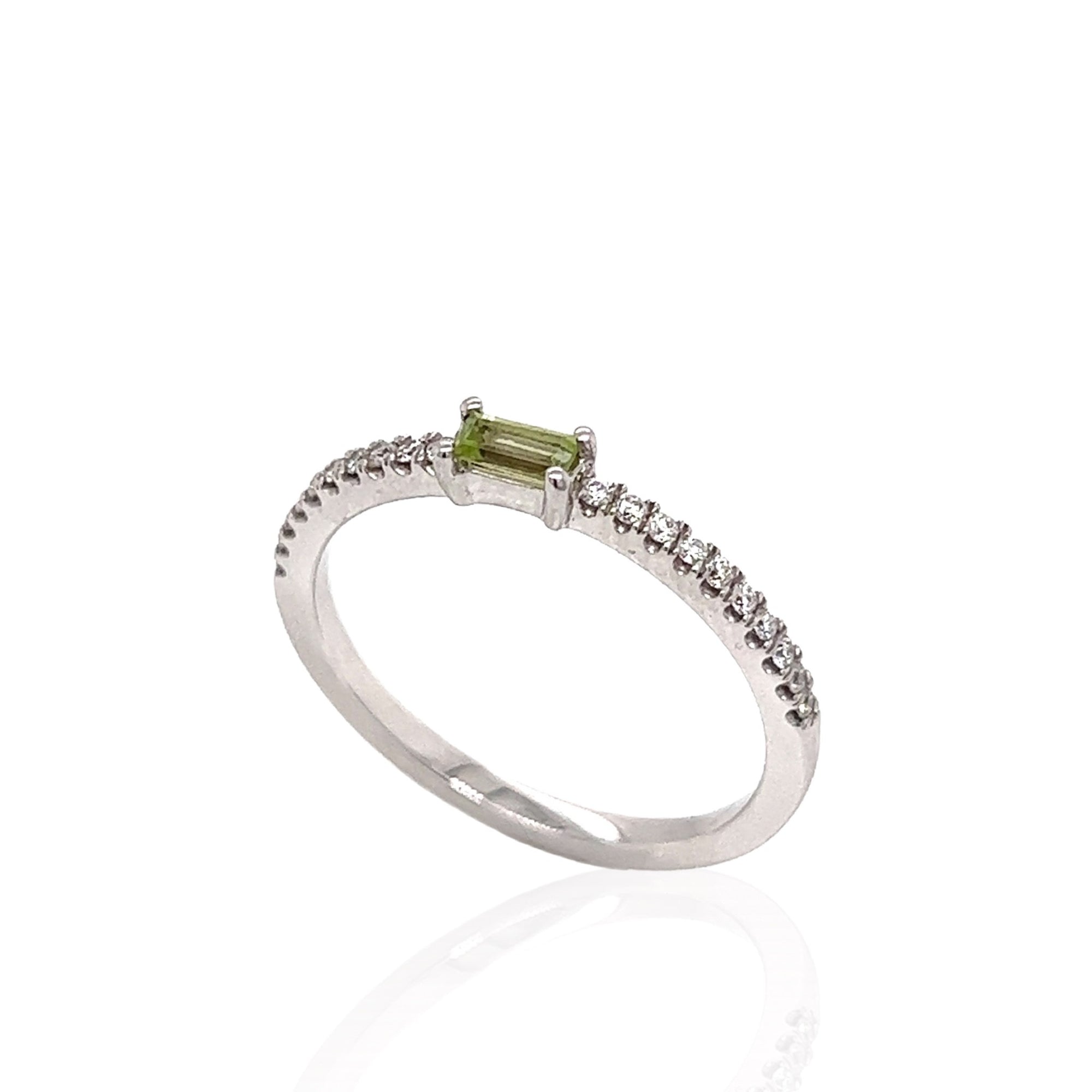 Peridot & Diamond Baguette Ring in 14K White Gold