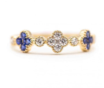 14 Karat Yellow Gold Sapphire and Diamond Clover Ring