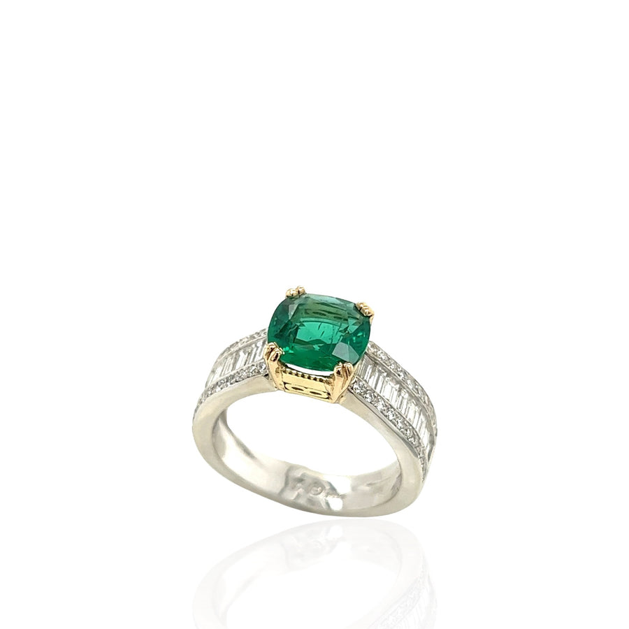 Cushion-Cut Zambian Emerald & Diamond Ring in 18K White & Yellow Gold, 2.64ctw