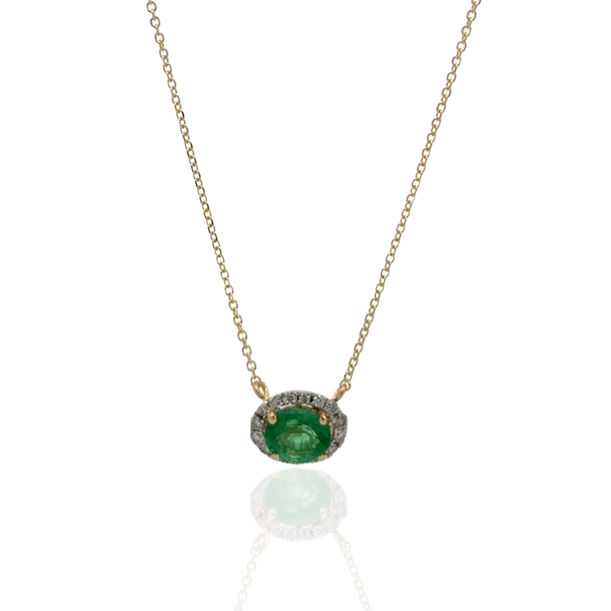 14 Karat Yellow Gold Emerald and Diamond Station Necklace
