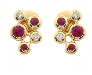 14 Karat Yellow Gold Ruby and Diamond Cluster Earrings