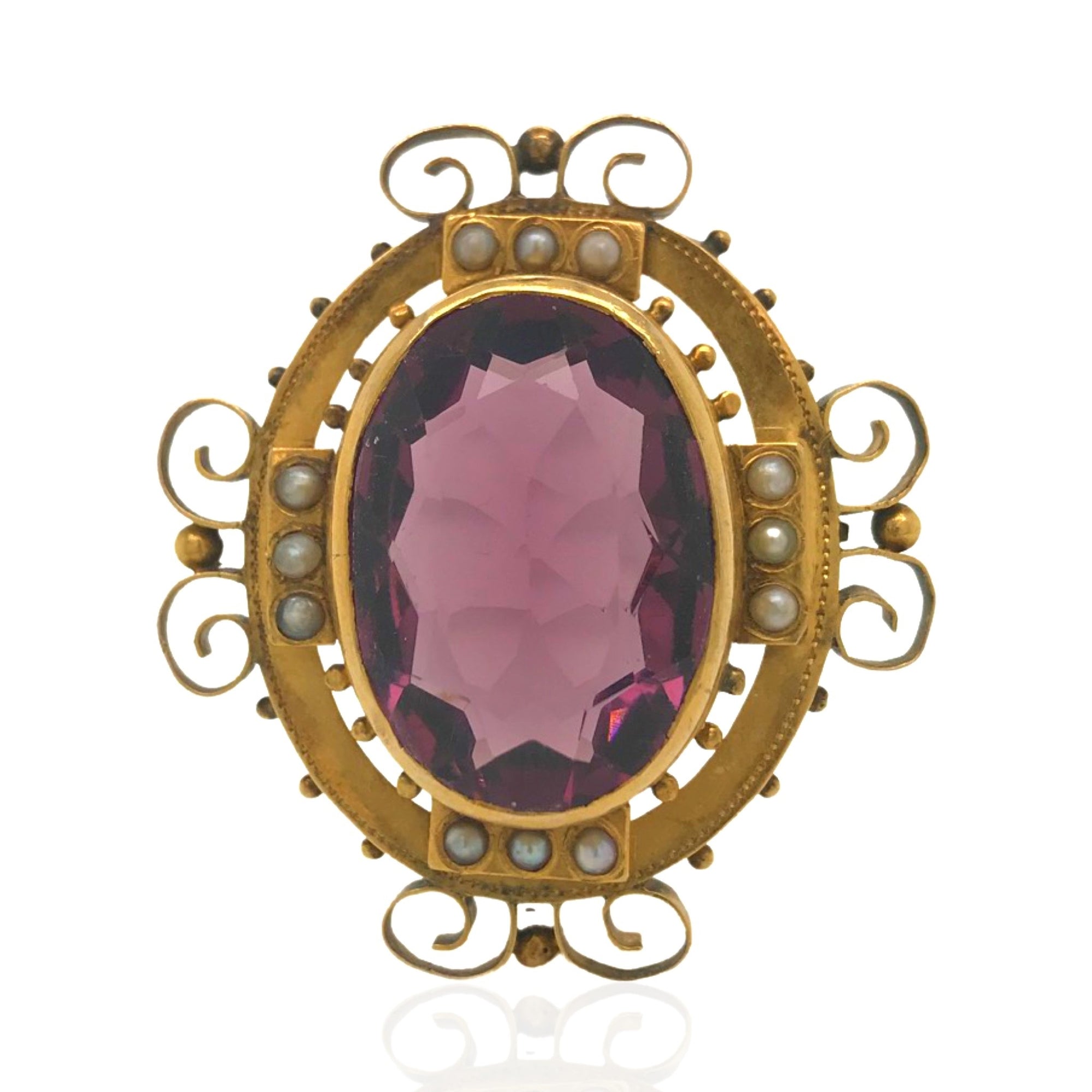 10 Karat Yellow Gold Victorian Amethyst Brooch With Pearls