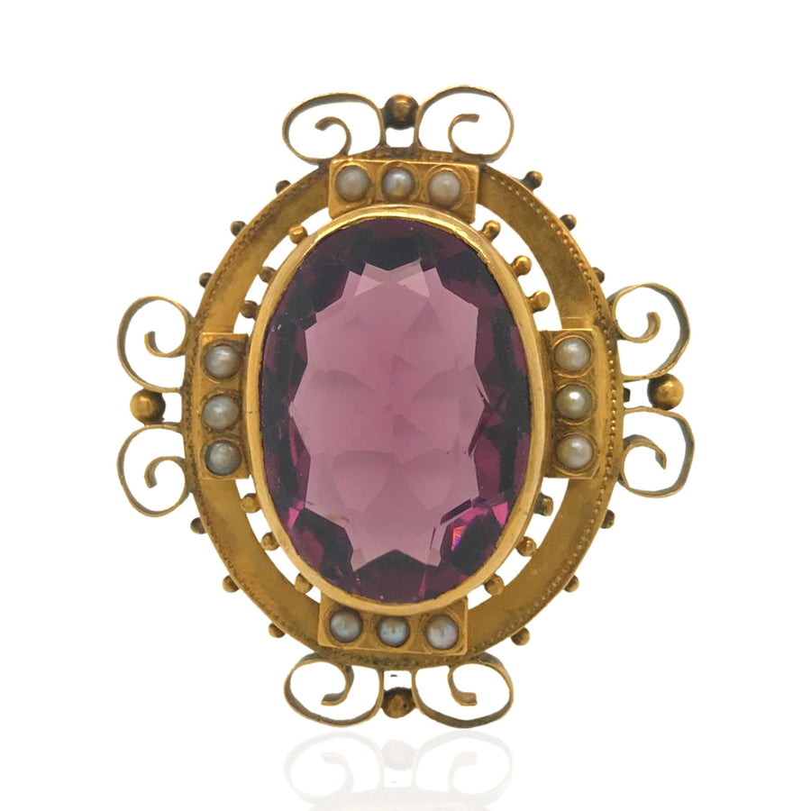 10 Karat Yellow Gold Victorian Amethyst Brooch With Pearls
