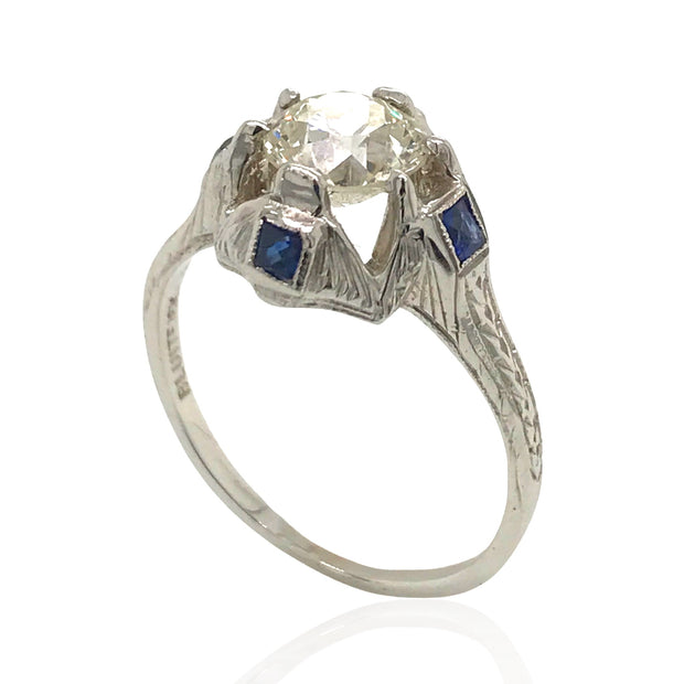18 Karat White Gold Art Deco Diamond Ring with Sapphire Accents