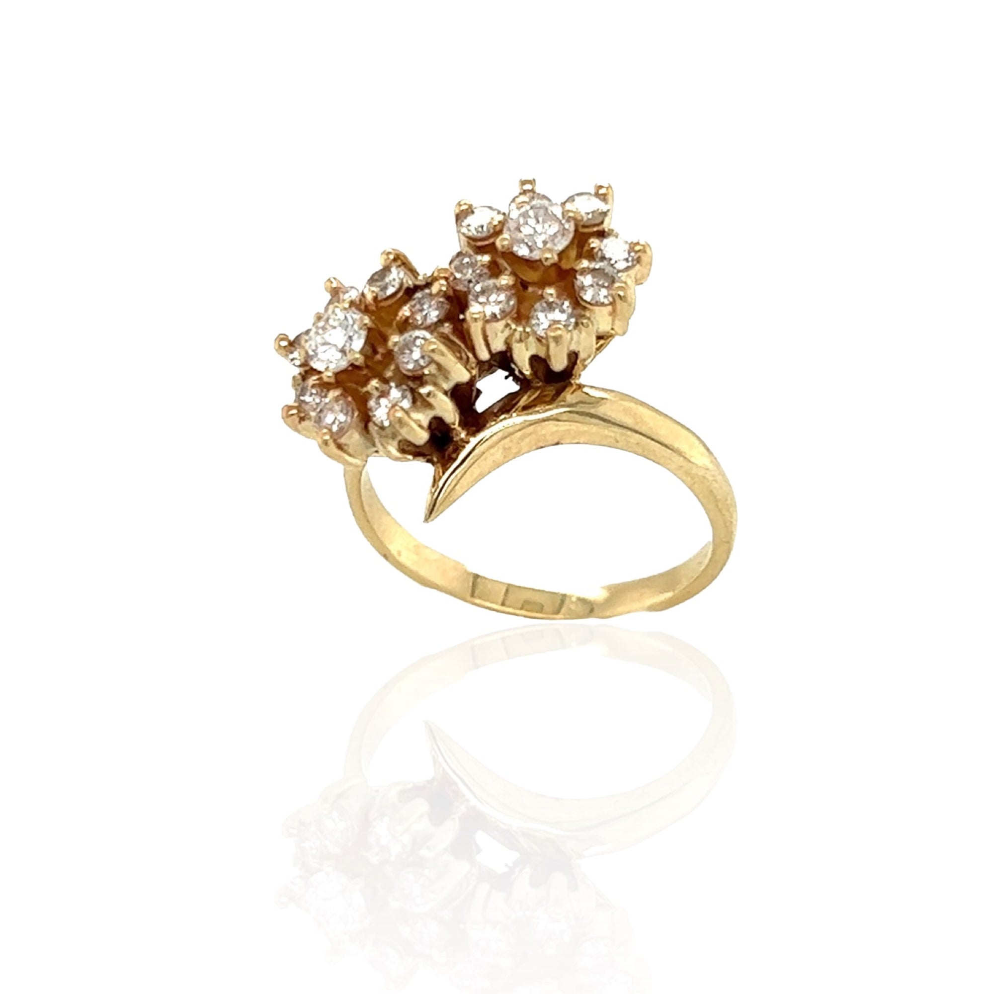 14 Karat Yellow Gold By Pass Cluster Diamond Ring