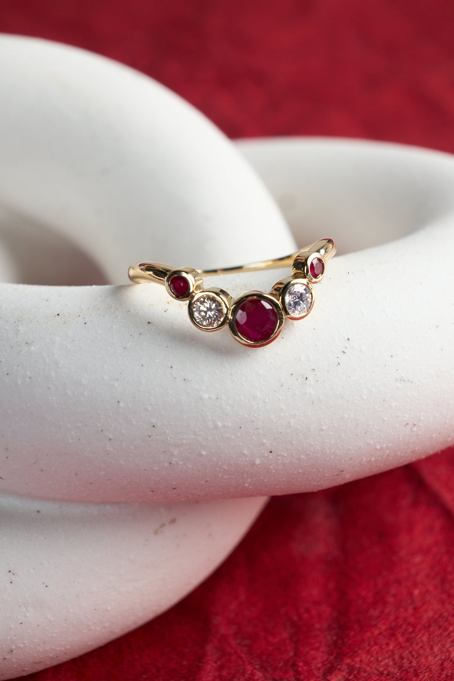14 Karat Yellow Gold Diamond and Ruby Curved Band
