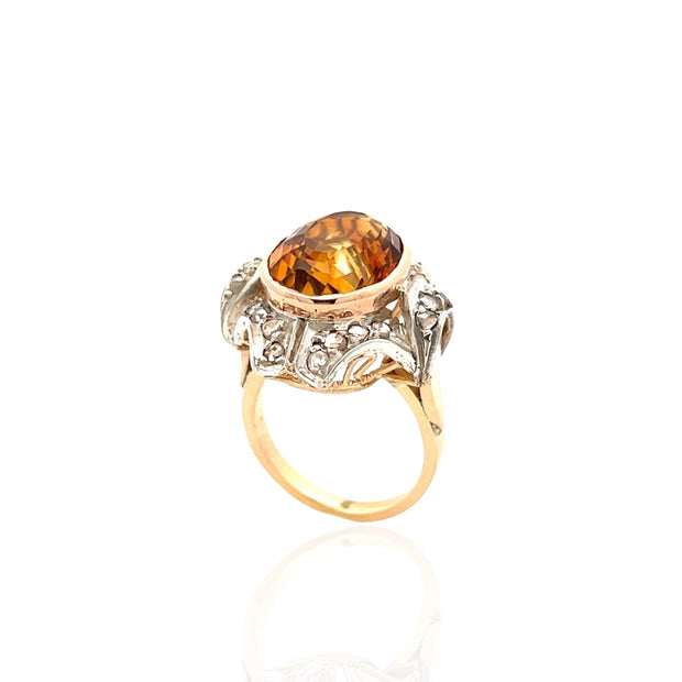 14 Karat Yellow Gold with Silver Citrine and Diamond Ring