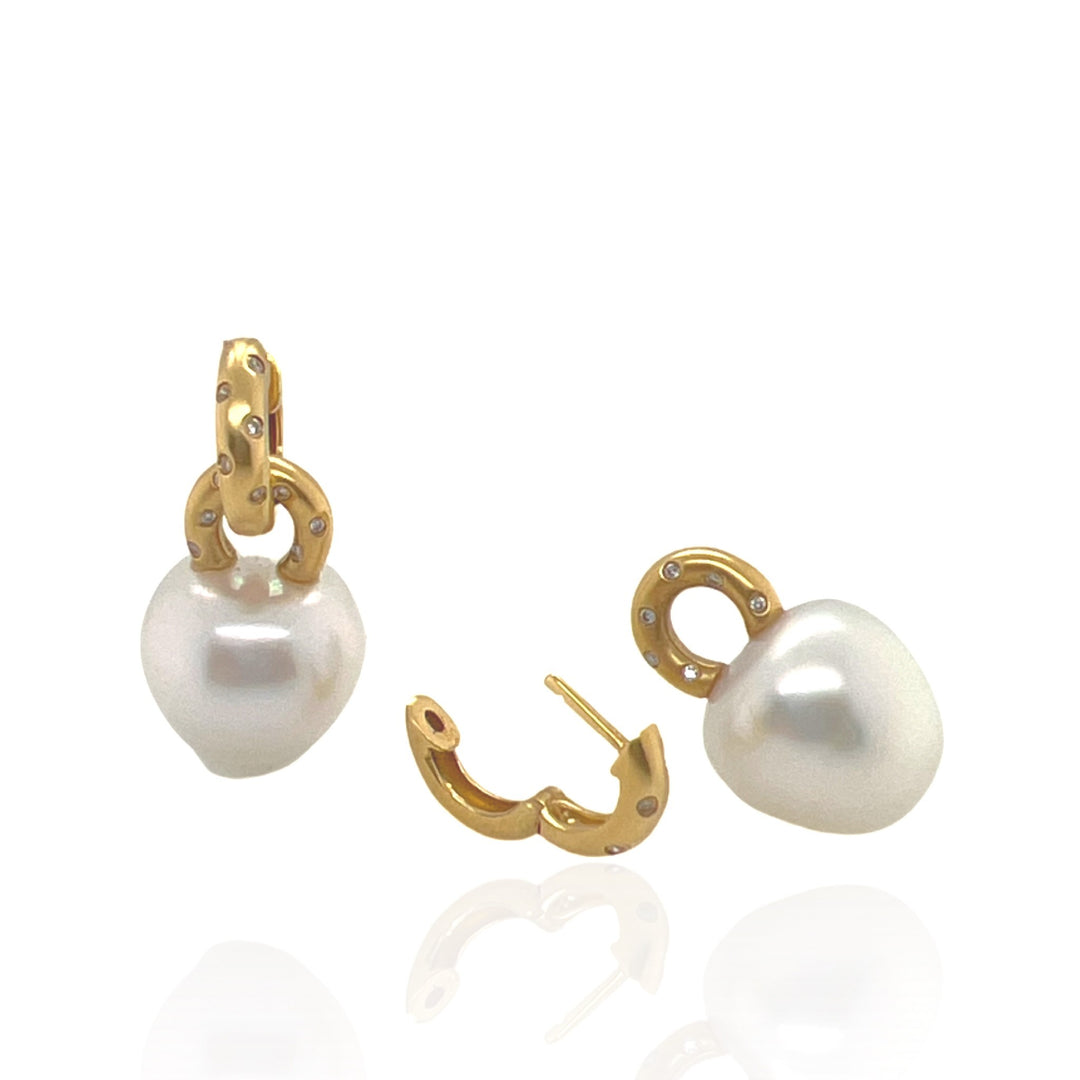 18 Karat Yellow Gold Pearl and Diamond Earrings