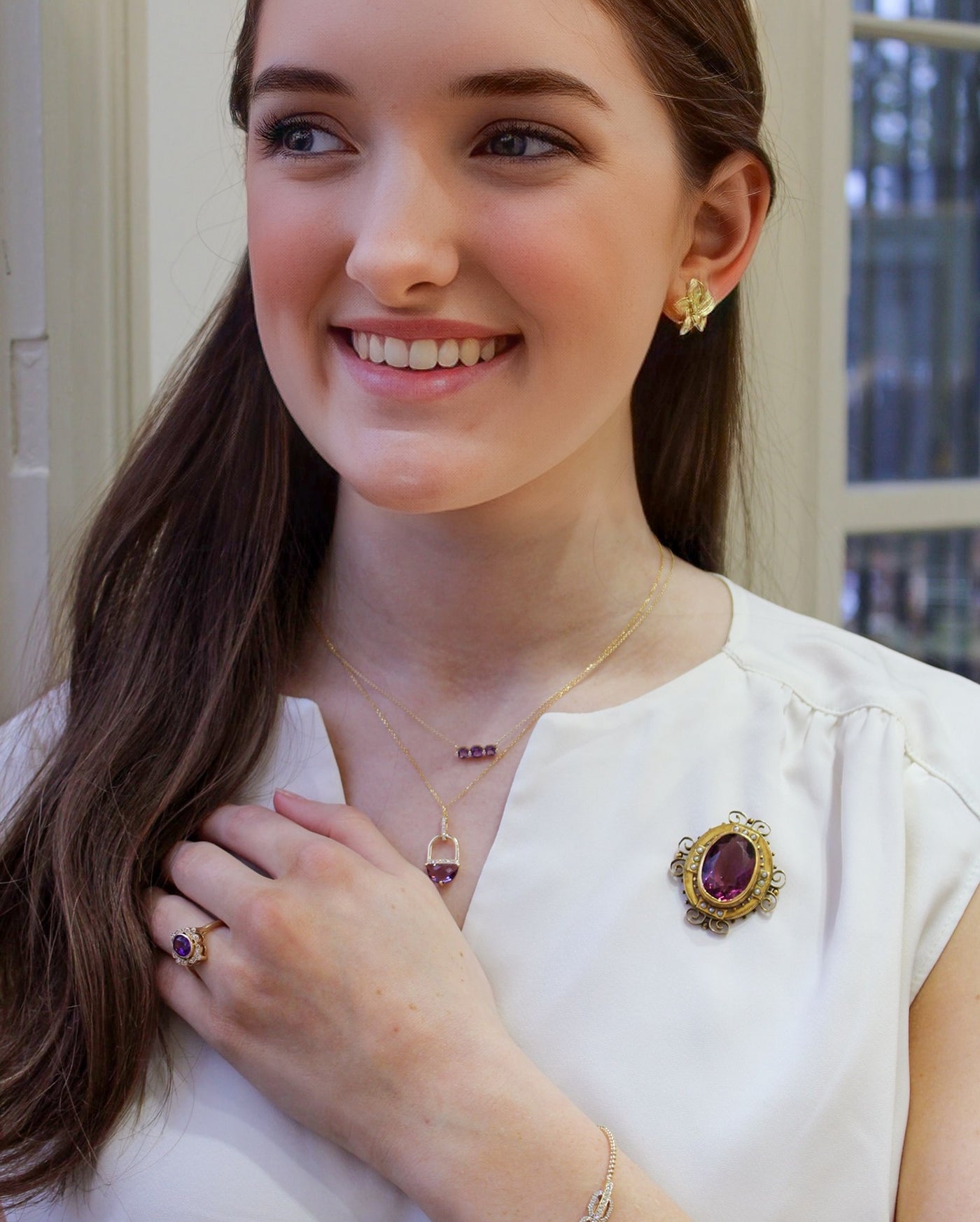 10 Karat Yellow Gold Victorian Amethyst Brooch With Pearls