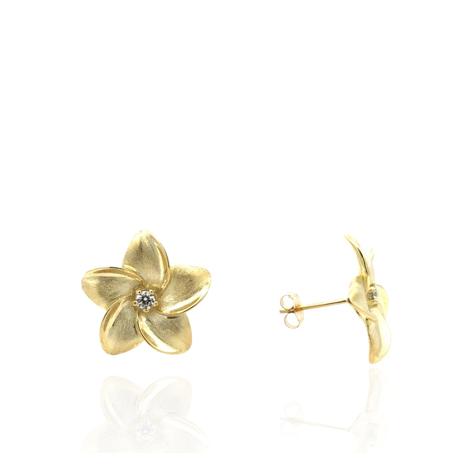 14K Green Gold Five-Petal Flower Earrings with Diamond Centers