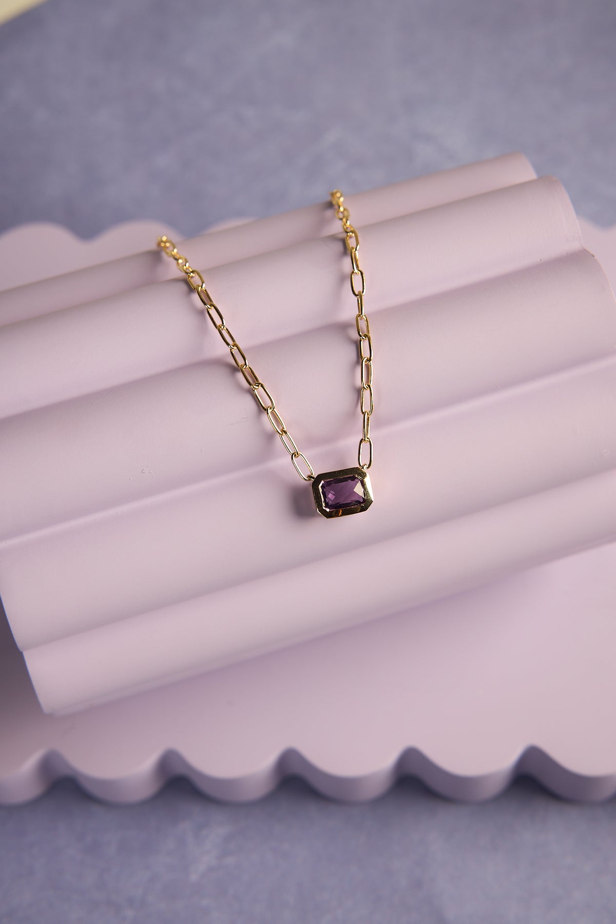 14 Karat Yellow Gold Amethyst Paperclip Necklace