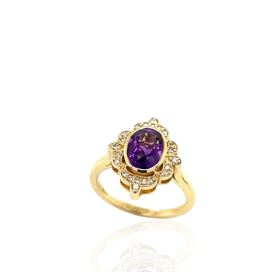 Amethyst & Diamond Fleur-de-Lis Ring in 14K Yellow Gold, 1.30ctw