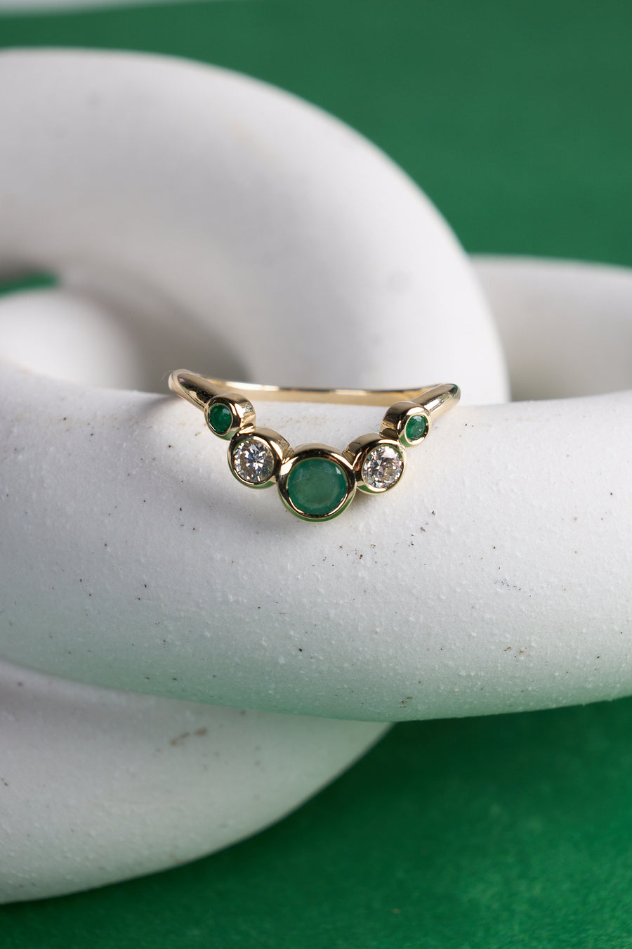 Emerald & Diamond Curved Band in 14K Yellow Gold, 0.57ctw