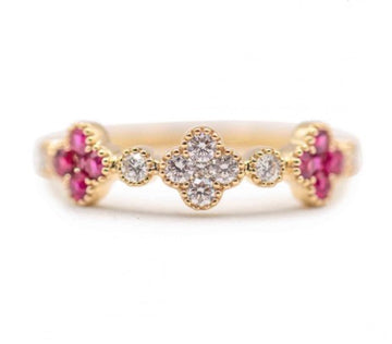 14 Karat Yellow Gold Ruby and Diamond Clover Ring
