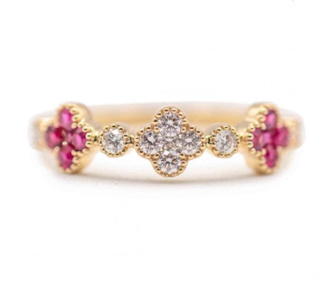 14 Karat Yellow Gold Ruby and Diamond Clover Ring
