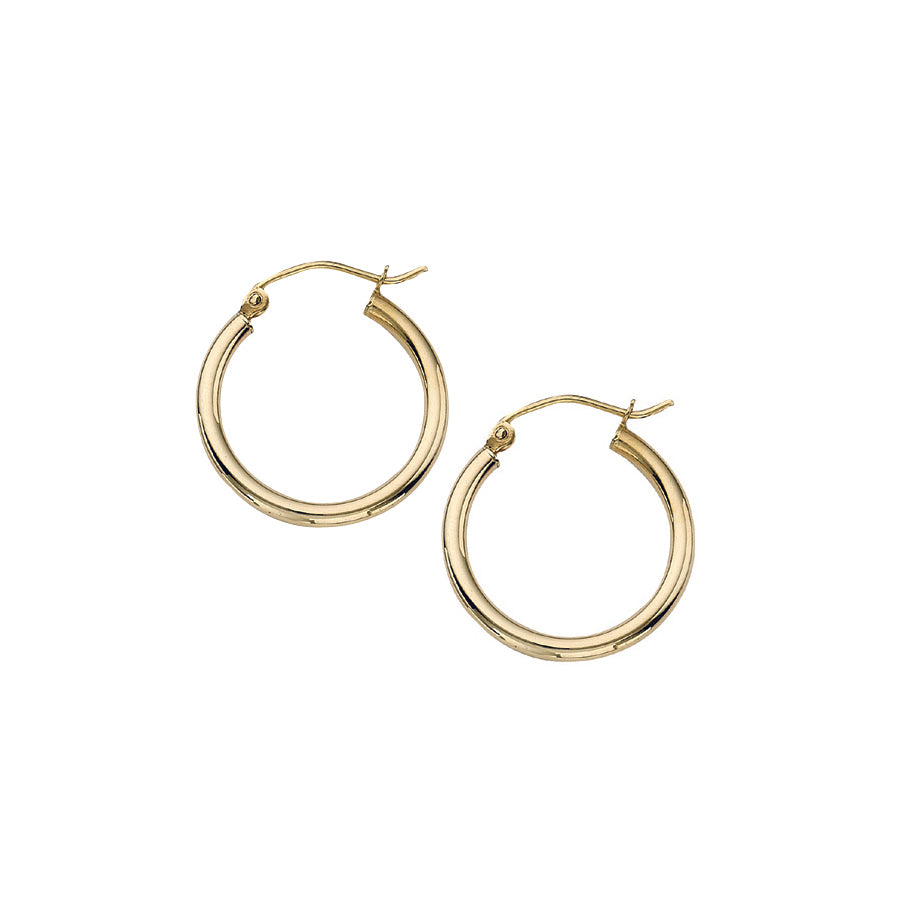 Classic 14 karat gold 2mm hoop earrings with polished finish, available in yellow and white gold. Perfect for any occasion.