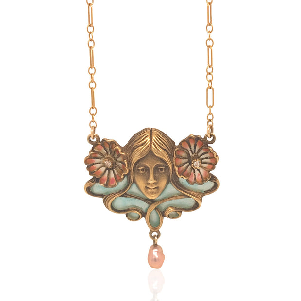14 Karat Yellow Gold Reproduction Art Nouveau Enameled Necklace