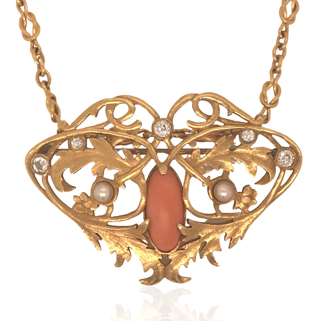 14 Karat Yellow Gold Art Nouveau Coral, Pearl and Diamond Pendant-Brooch Combination