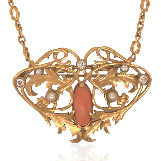 14 Karat Yellow Gold Art Nouveau Coral, Pearl and Diamond Pendant-Brooch Combination