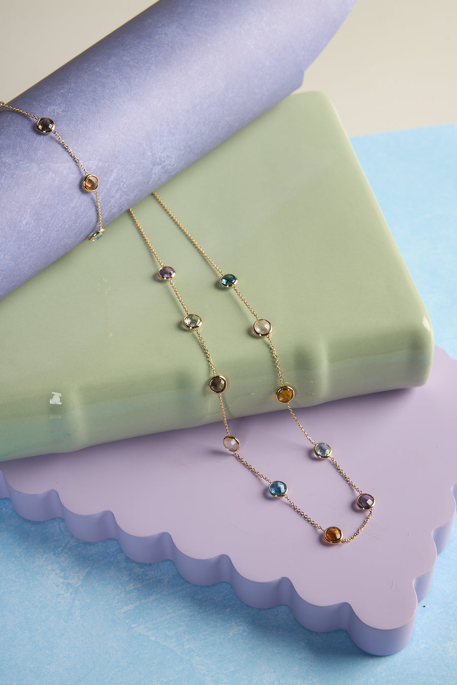 14 Karat Yellow Gold Multi-Gemstone Station Necklace